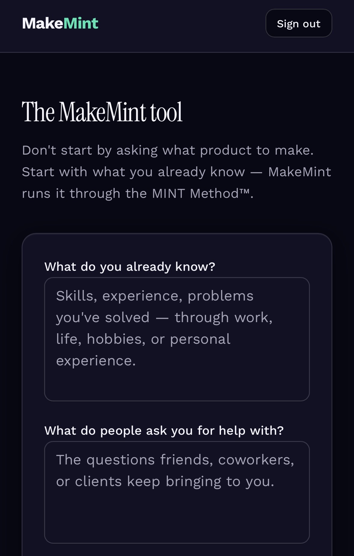 The MakeMint tool screen asking what you already know and what people ask you for help with
